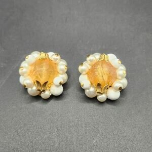 Vintage Clip On Earrings Faux Pearl Cluster Amber Lucite Cabochon Goldtone Retro